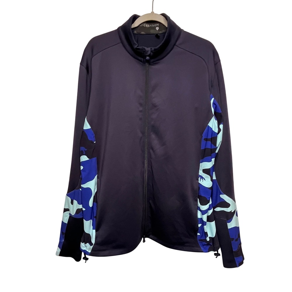 Greyson Mens XL Blue Camo Full Zip Mock Neck Performance Jacket Wolf Logo